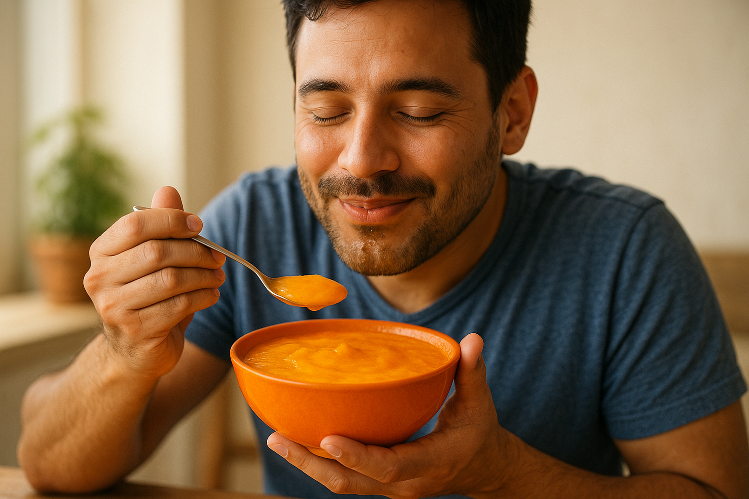 A man eating mango pulp 